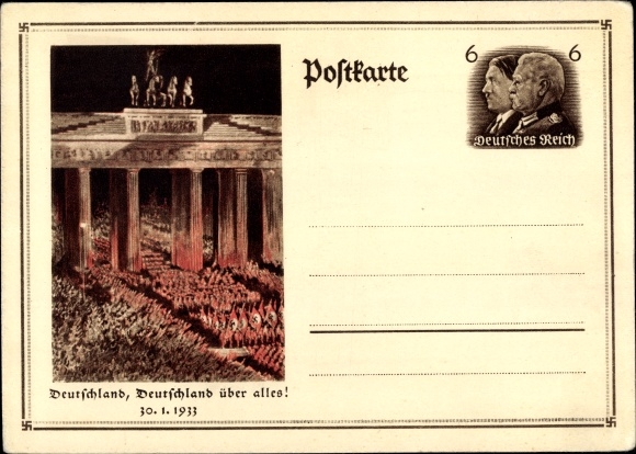 Ganzsachen Ak Berlin, Deutschland über alles, Aufmarsch 30. Januar 1933, Brandenburger Tor