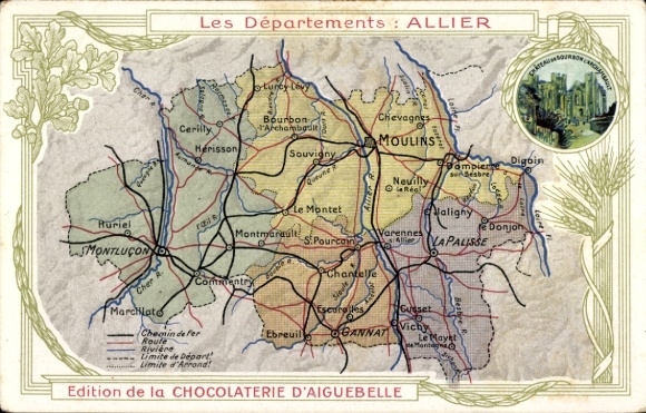Landkarten Ak Departement Allier, Schloss, Chocolaterie d'Aiguebelle