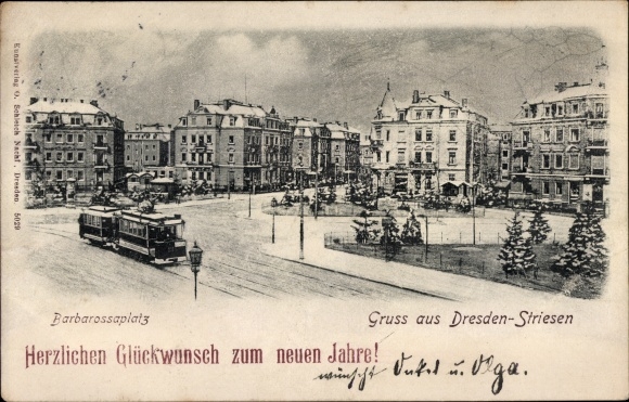 Briefkaart Dresden Striesen, Barbarossaplatz, tram, Gelukkig Nieuwjaar