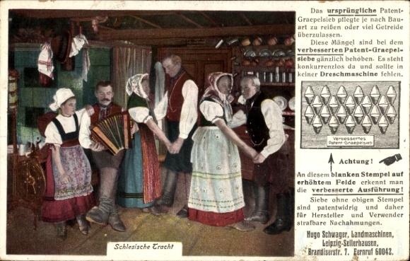 Postcard Silesian costume, advertising, Hugo Schwager, agricultural machinery, threshing machine