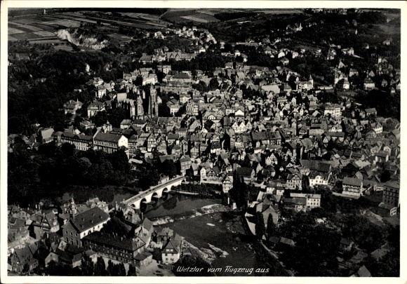 Postcard Wetzlar on the Lahn, aerial view of cityscape, river bridge, architecture