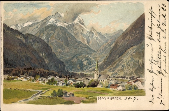 Kunstenaar litho Compton, Mayrhofen in het Zillertal in Tirol, panorama van de plaats