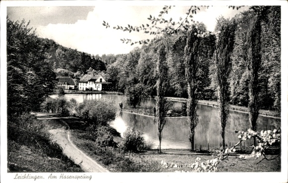 Postcard Leichlingen in the Rhineland, beautiful landscape, houses on the water, trees, calm river