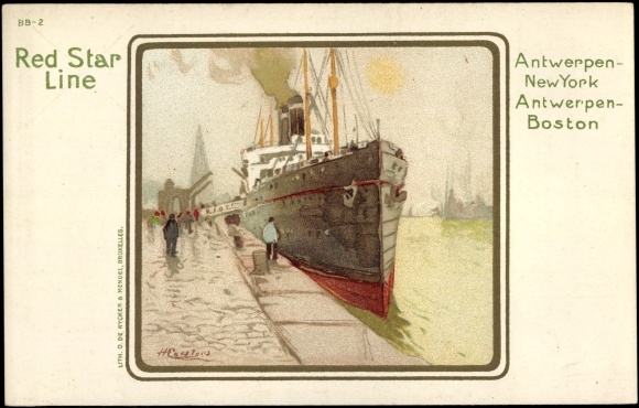 Kunstenaar litho Cassiens, H., Red Star Line, stoomboot in de haven