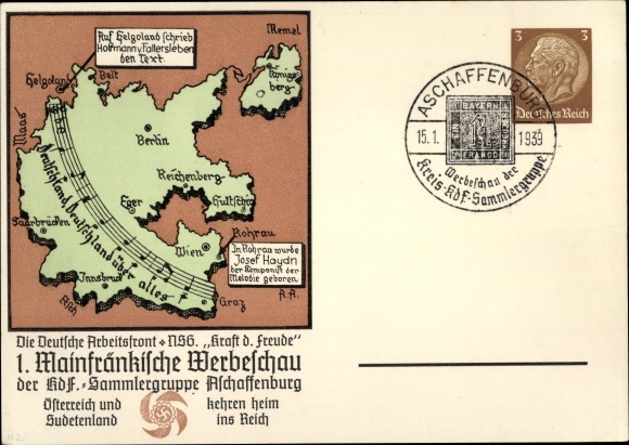 KP z artykułami pocztowymi Aschaffenburg, 1. Mainfränkische Werbeschau 1939, grupa kolekcjonerska KdF, Deutschlandlied