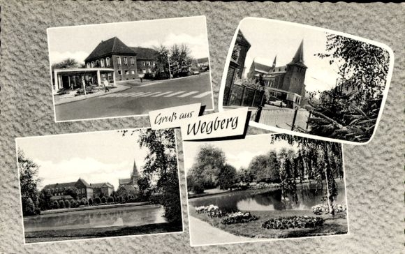 Postcard Wegberg district of Heinsberg, partial views, park, pond, church
