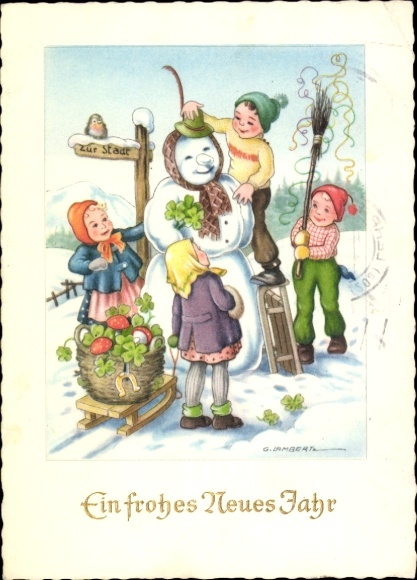 Artist Postcard Congratulations New Year, cloverleaf, children, snowman