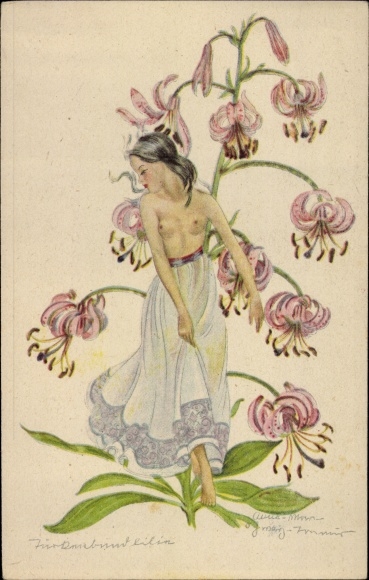 Artist Postcard Schwarz Torinus, Anna, Bare-breasted woman in front of a Turk's cap lily