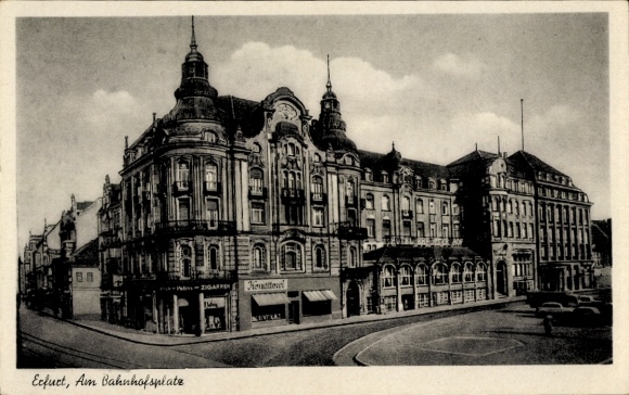 Postcard Eisfeld in Thuringia, historical building, at the station square, black and white photo