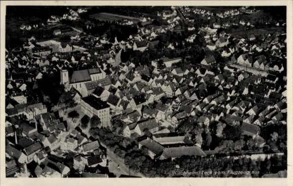 Postcard Kirchheim unter Teck Württemberg, aerial photograph of houses, city view, black and white