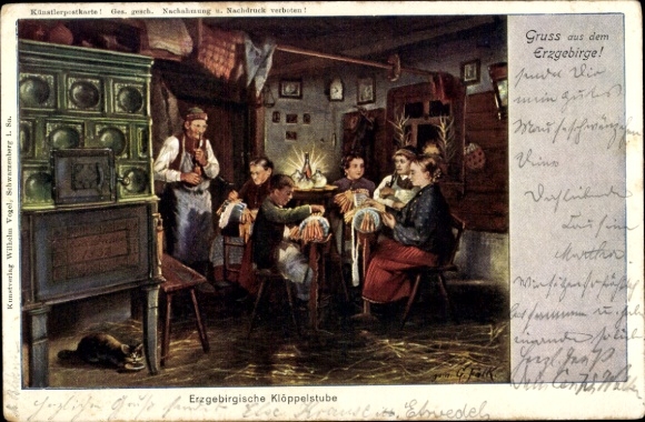 Artist Postcard Falk, G., Erzgebirge lacemaking studio, tiled stove