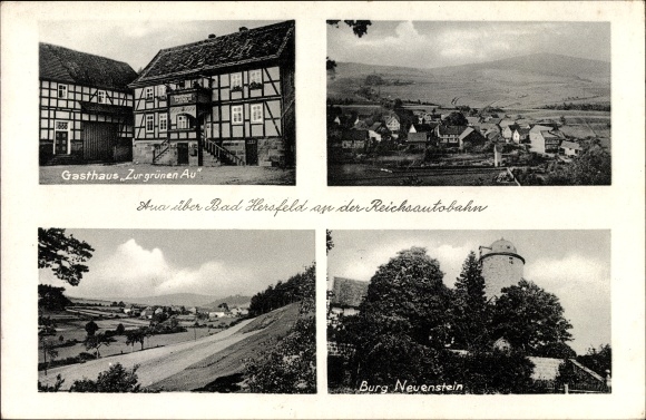 Postcard Aua Neuenstein in Hohenlohekreis, Inn zur Grüne Au, owner Adam Hess, view of the castle