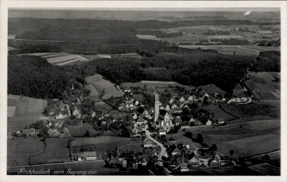 Postcard Kirchhaslach in Swabia, aerial photograph