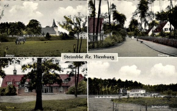 Postcard Steimbke in Lower Saxony, church, settlement, school, swimming pool