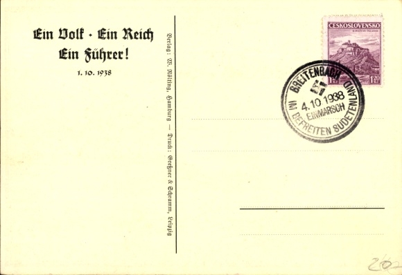 Maps Postcard One People, One Reich, One Leader, Annexation of the Sudetenland, 1.10.1938, Hitler