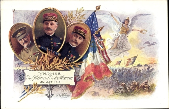 Artist Postcard Delblond, Victory of Aisne de la Marne, 1918, Joseph Joffre, John J. Pershing