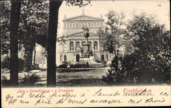 Ak Frankfurt am Main, Oberschweinstiege, Oper und Kaiserdenkmal, Statue, Bäume, Frankfurt