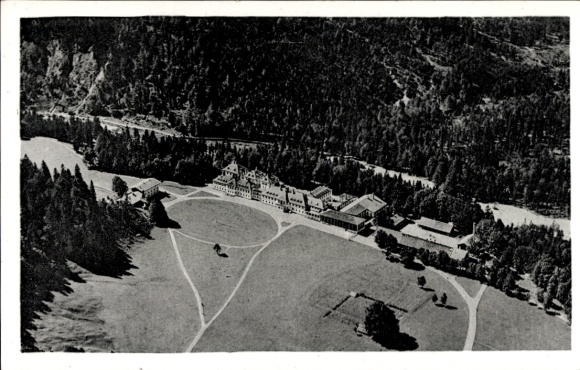 Postcard Wildbad Kreuth am Tegernsee Upper Bavaria, aerial view of the spa hotel, surrounded by forests, meadow