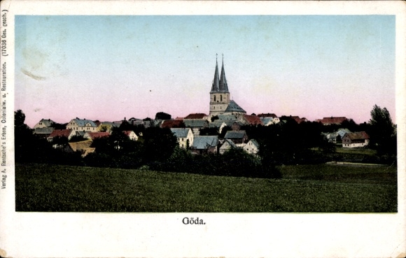 Ak Göda in Oberlausitz, kleurrijk landschap met kerk, huizen en weilanden, rustige sfeer
