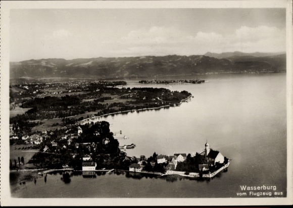 Postcard Wasserburg am Inn Upper Bavaria, aerial view of lake and mountains in the background