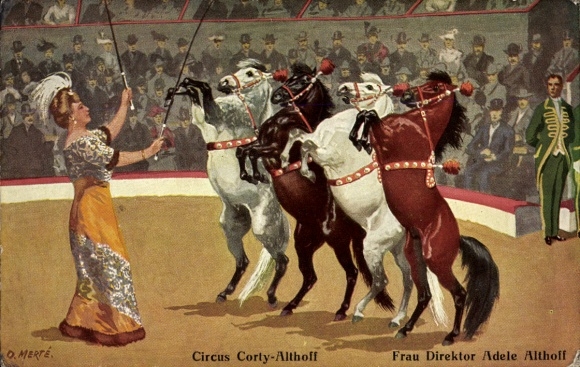 Artists Postcard Merte, Oskar, Circus Corty-Althoff, Adele Althoff, horse dressage