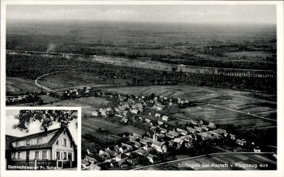 Ak Söllingen Rheinmünster am Rhein, Fliegeraufnahme, Geschäft Fr. Schäfer