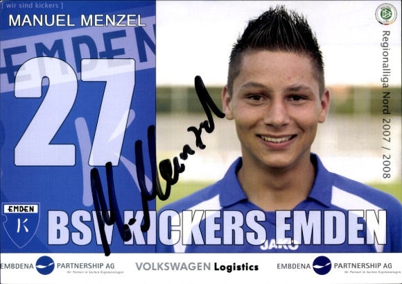 Karta z autografem piłkarza Manuela Menzela, BSV Kickers Emden, autograf