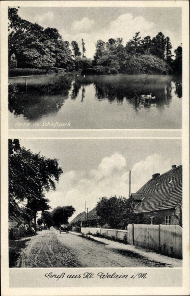 Postcard Klein Welzin Gottesgabe in Mecklenburg, castle park, village street