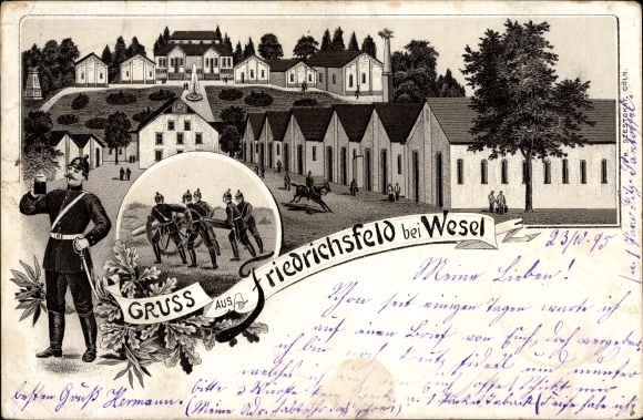 Forerunner Chromo-Litho Friedrichsfeld Voerde am Niederrhein, barracks, barracks, soldiers, 1895