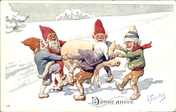 Artist Postcard Feiertag K., Dwarves dancing around pig, Merry Christmas, BKWI 2932-6