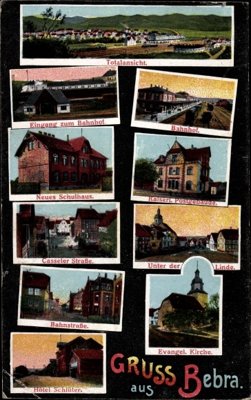 Postcard Bebra on the Fulda in Hesse, train station, post office, Kasseler Strasse, Hotel Schlueter, Bahnstrasse