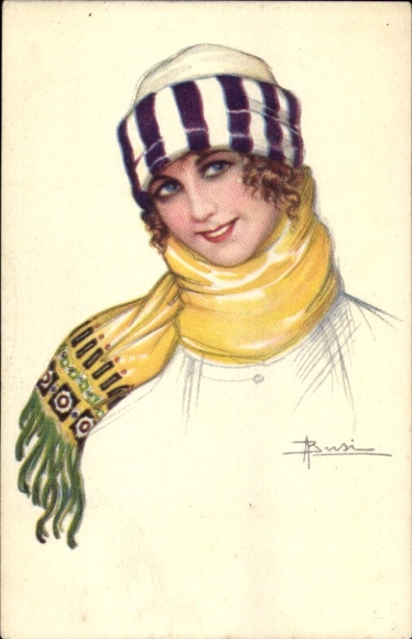 Artist Postcard Busi, woman with winter hat and scarf