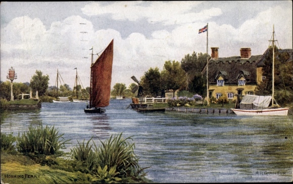 Artist PC Quinton, Horning Norfolk East of England, Ferry, Sailboat