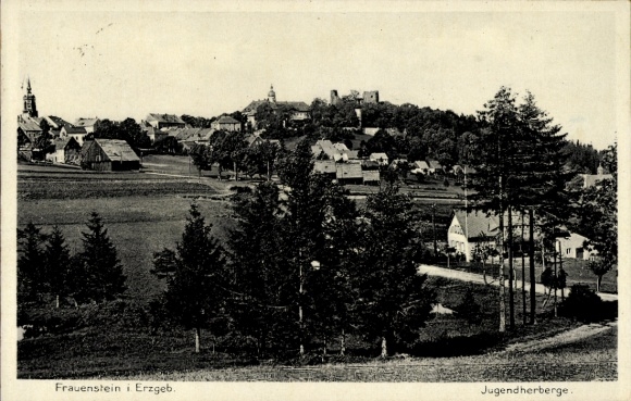 Ak Frauenstein im Erzgebirge, Vereinte Ansicht von  Erzgebirge, umgeben von Wäldern, Jugendher...