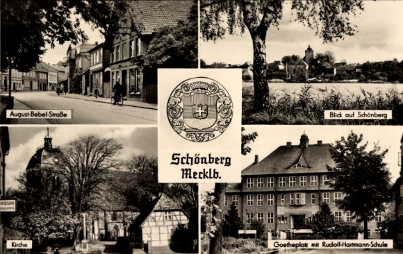 Postcard Schönberg in Mecklenburg, Church, August-Bebel-Straße, Goetheplatz