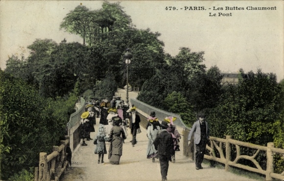 Ansichtkaart Parijs XIX Buttes Chaumont, brug, wandelaars
