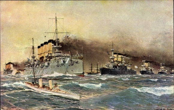 Artist PC Stöwer, Willy, Russian warships approaching, I WW