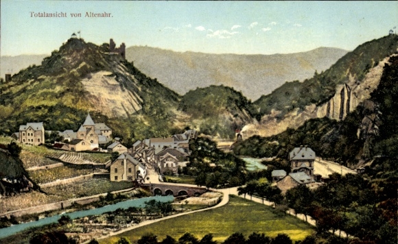 PC Altenahr in the Ahr Valley, general view of the town of Altenahr with mountains and river, colored, historic...