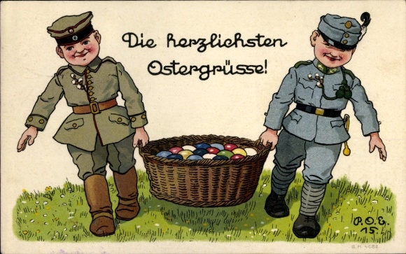 Artist Postcard Engelhard, POE, Happy Easter, Dual Alliance, soldiers carrying basket with Easter eggs, 1st World War