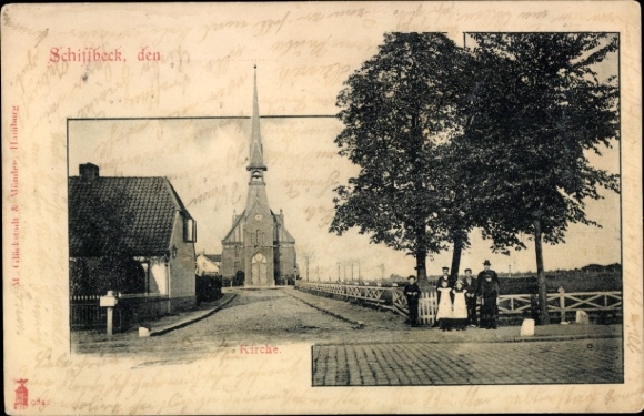 Ak Hamburg Mitte Billstedt Schiffbek, Kirche, Straßenpartie, Anwohner