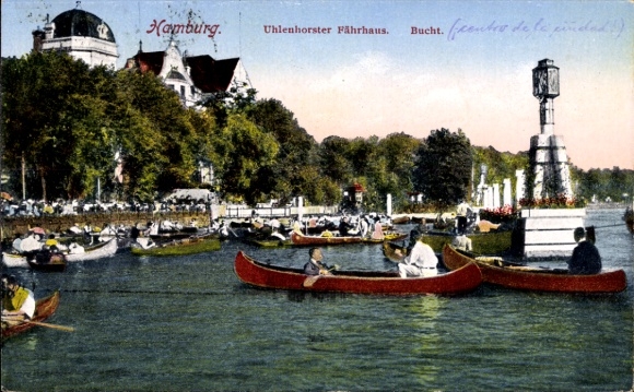 Postcard Hamburg Nord Uhlenhorst, Uhlenhorst ferry house, bay, boats on the water.