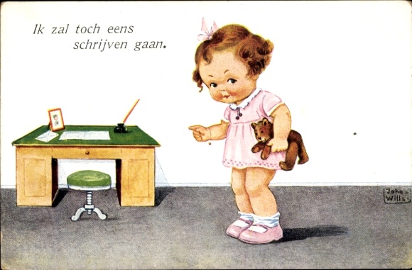 Artist Postcard Wills, John, Girl with Teddy Bear, Desk