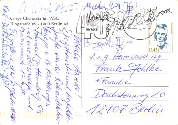 Studentika Postcard Berlin, Corps Cheruscia in the WSC, Ringstraße 89, coat of arms