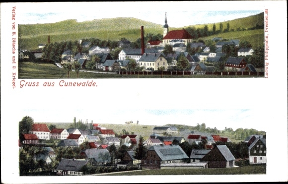 Postcard Cunewalde in the district of Bautzen, total view of the village, church