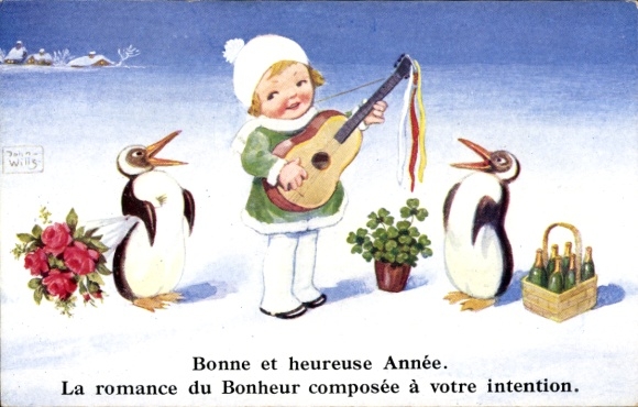 Artist Postcard Wills, John, Happy New Year, girl with guitar, penguins, clover, champagne
