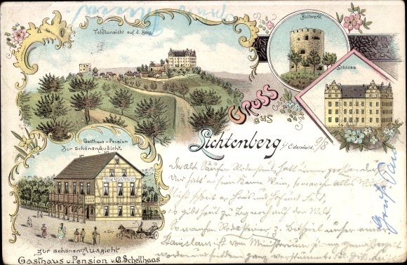 Chromo-Litho Lichtenberg Fischbachtal in the Odenwald, castle, bulwark, inn for a beautiful view
