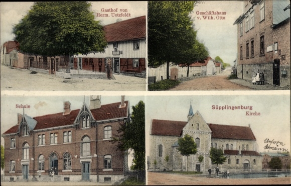 Postcard Süpplingenburg Lower Saxony, church, school, inn Herm. Uetzfeldt, commercial building Wilh. Otto