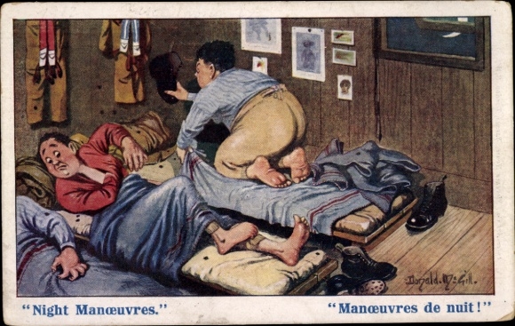 Artist PC McGill, Donald, Night Maneuvers, British soldiers getting up, uniform, shoes