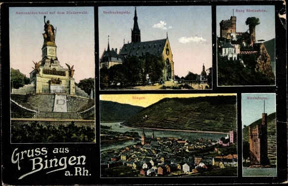 Postcard Bingerbrück Bingen am Rhein, Mouse Tower, Rheinstein Castle, National Monument on the Niederwald