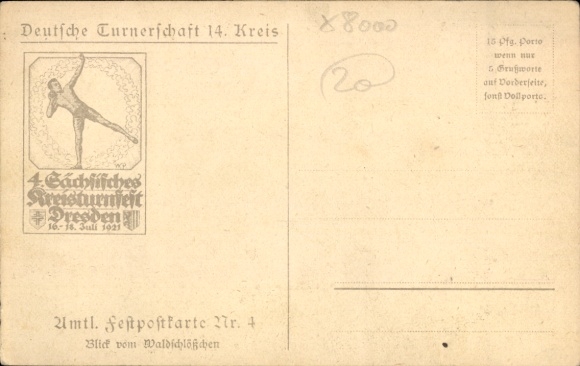 Artist Postcard Dresden, 4th Saxon District Gymnastics Festival 1921, view from the Waldschlösschen